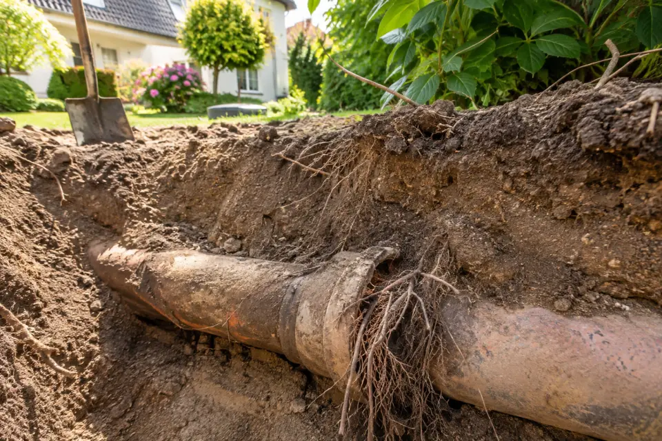 Geöffnete unterirdische Abwasserleitung mit feinen Wurzeln an einer undichten Rohrverbindung
