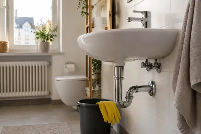 Waschbecken mit sichtbarem Siphon und bereitstehendem Eimer zur Kontrolle des Abflusses